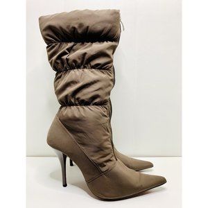 Puffer Brown Heels Windbreaker Material Tall Boots Front Zip Sherpa Lined Size 9